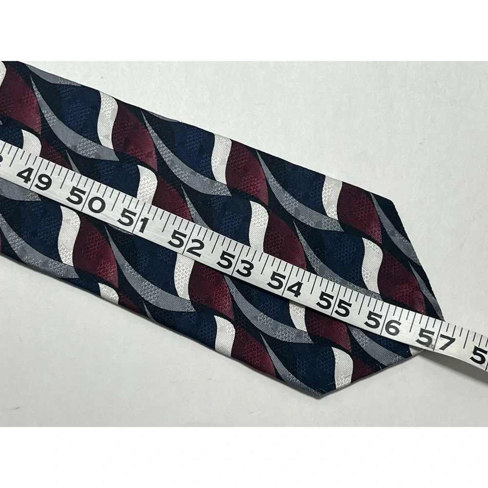 Oscar de la Renta Mens Silk Tie Navy Burgundy Silver White Abstract Wave Pattern